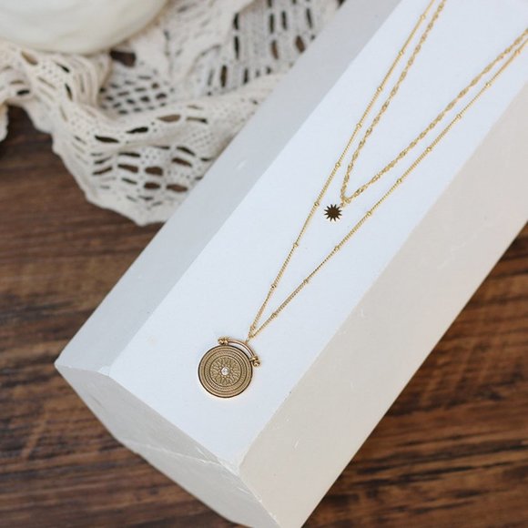 NEW 18K Gold Plated Vintage Diamond Coin Star Double Layer Necklace - Picture 4 of 14